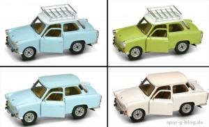 Vier Trabant-Modelle im Maßstab 1:24 bietet jetzt auch Feld Grossbahn seinen Kunden an - Quelle: Grootspoor.com [b]