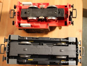 Im Vergleich: Oben der alte Antrieb unten der neue Antrieb von Playmobil - Quelle: Spur-G-Blog [b]